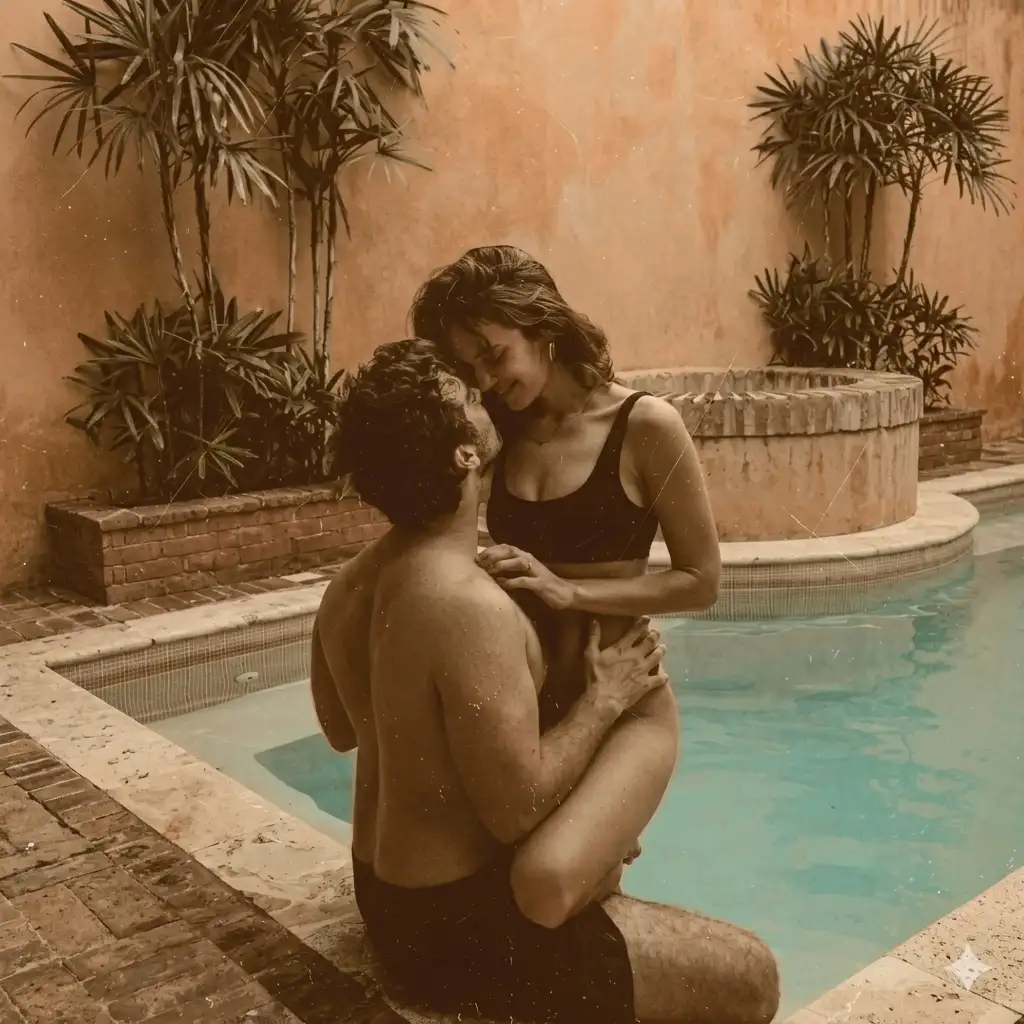 Couple romance in swiming pool with gigolo.